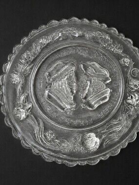 Vintage pressed clear glass cup plate featuring "The Wedding Day and Three Weeks